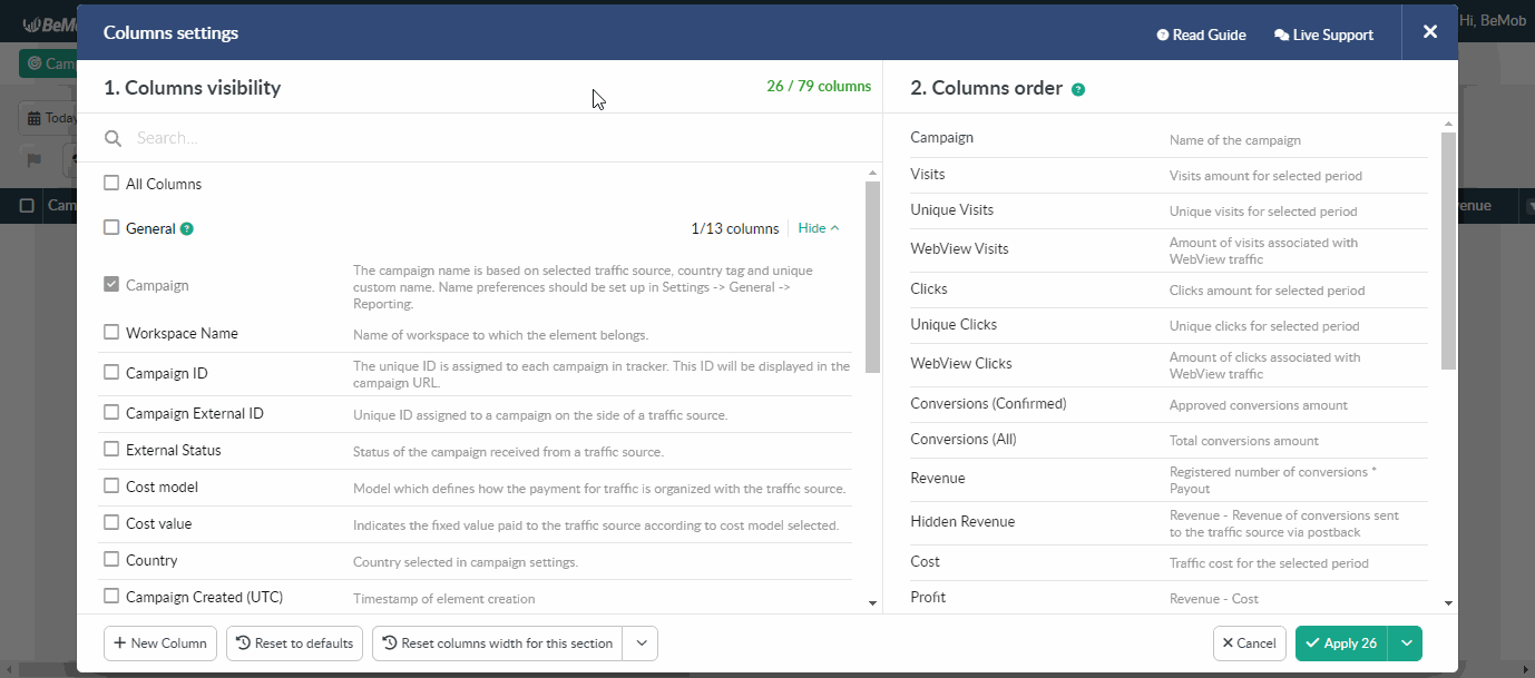 Columns settings window showing how to add columns to a report by selecting their names.