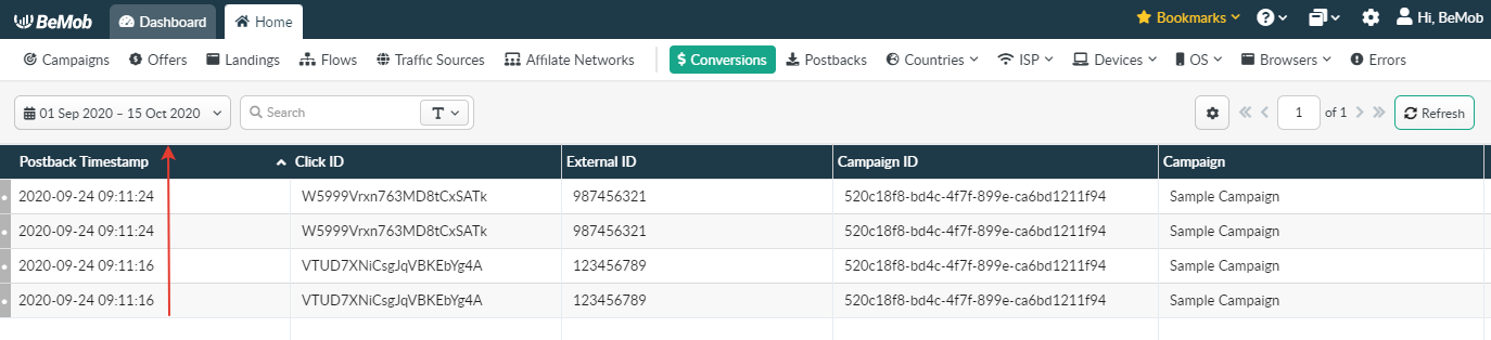 Conversions report showing how to change the column sorting order using the sorting icon.