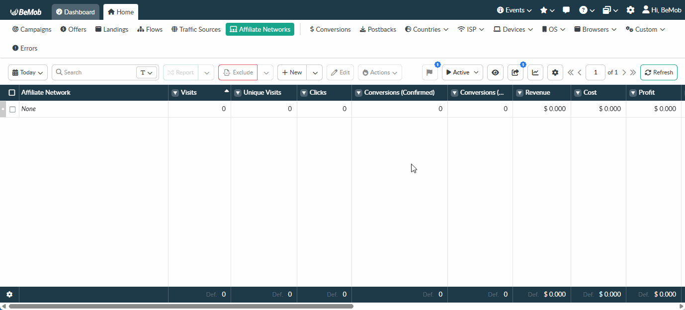 An Affiliate Networks section showing how to add an affiliate network from BeMob templates and save the template.