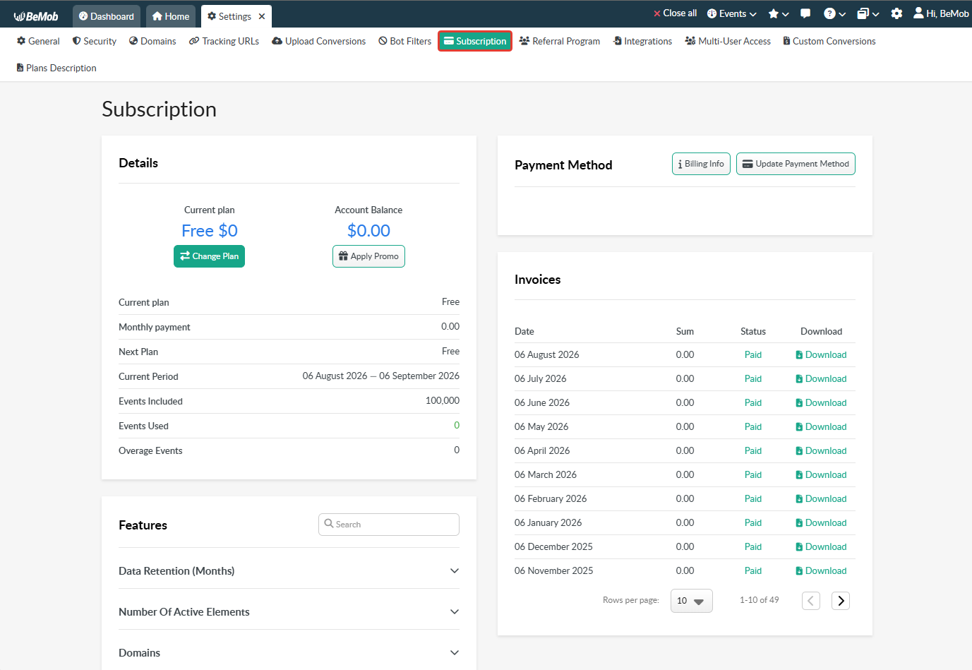 BeMob Subscription page showing the account’s current plan, payment method, usage and included events, available features, invoice history with payment statuses, download options.