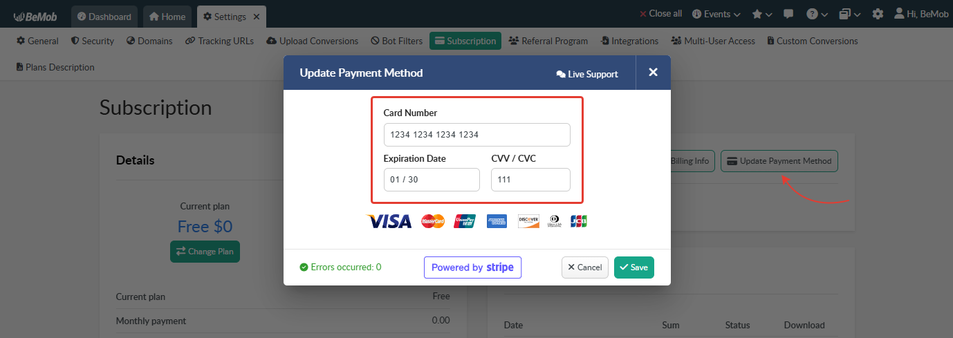 BeMob Subscription page showing the Update Payment Method window where a BeMob user can enter their card details: card number, expiration date, CVV/CVC.