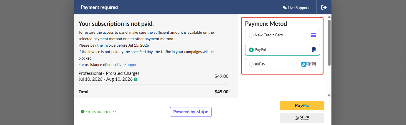 A payment window that offers the available payment methods: credit card, PayPal, Alipay.