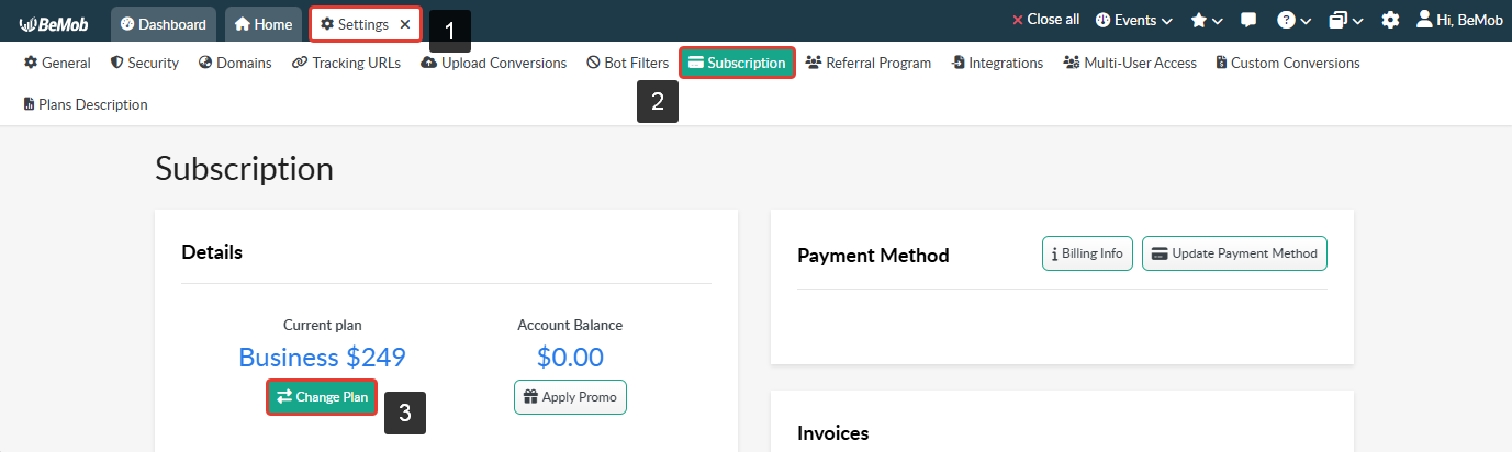 The Subscription section shows how to access the Change Plan option: Settings → Subscription → Change Plan button.