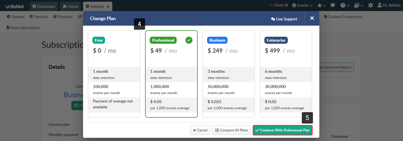 The Change Plan window shows the available plans: Free, Professional, Business, and Enterprise, and Continue With Professional Plan button is highlighted.
