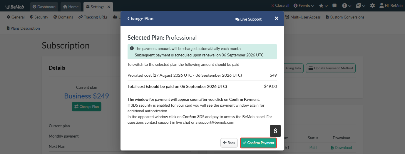 The payment confirmation window shows the selected plan, the amount to be charged, and the Confirm Payment button is highlighted.