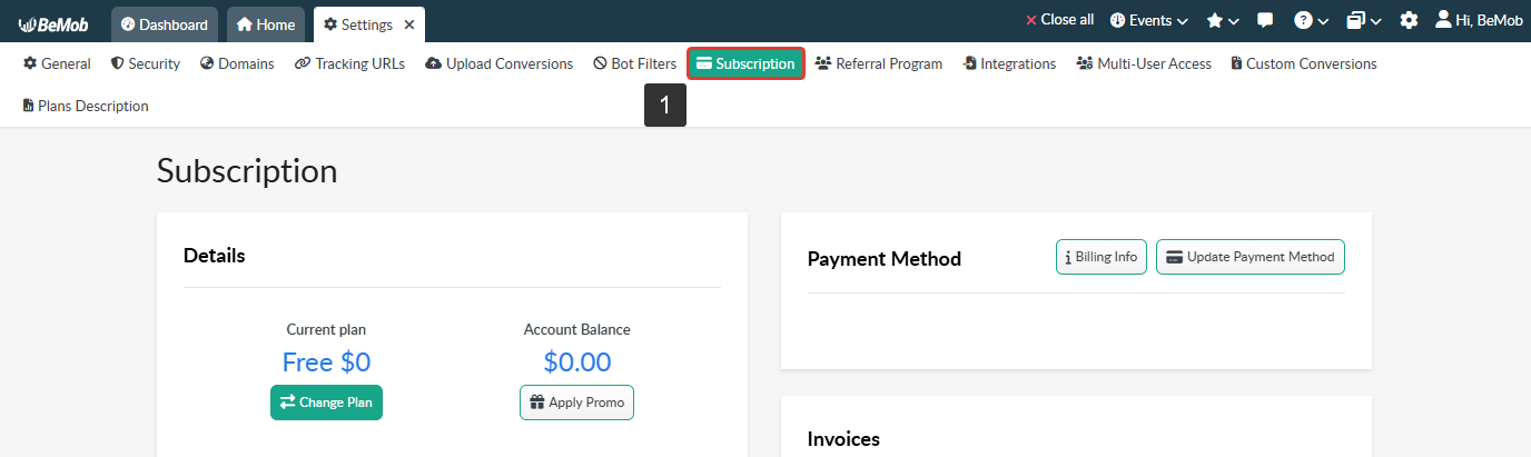 Displays how the Subscription section can be accessed: Settings → Subscription.