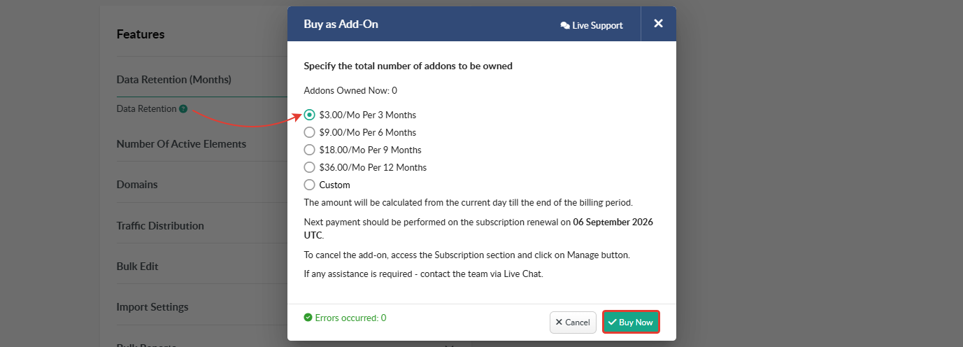 The Buy as Add-On window shows the available add-on options and the Buy Now button for confirming the purchase.