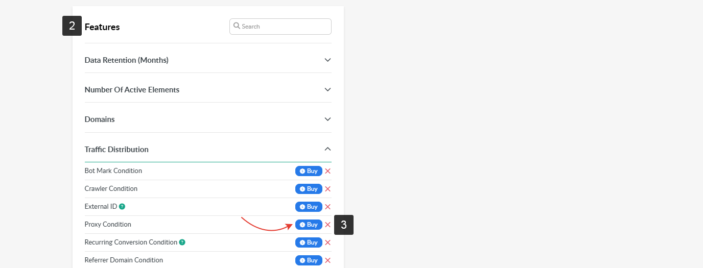 The Subscription page shows the Features section where available add-ons can be found and purchased.