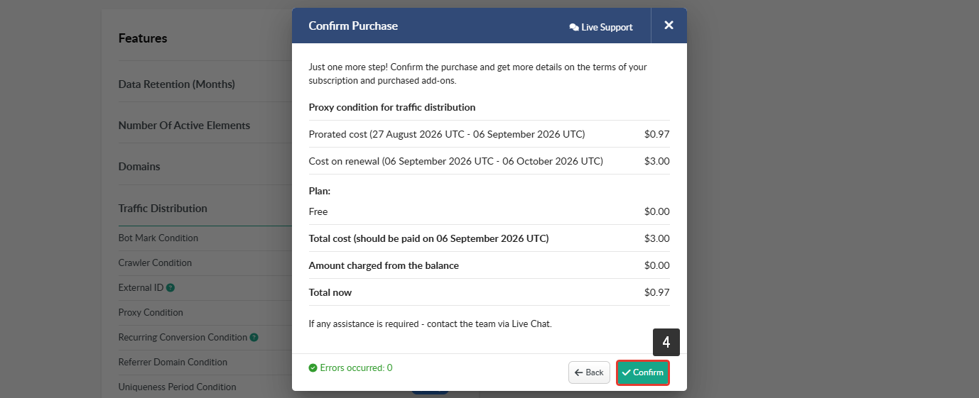 The Confirm Purchase window displays the add-on cost, renewal cost, and payment details.