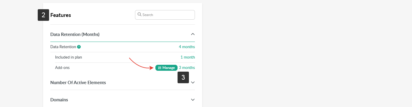 The Subscription page shows the Features section where amount-based add-ons can be managed.