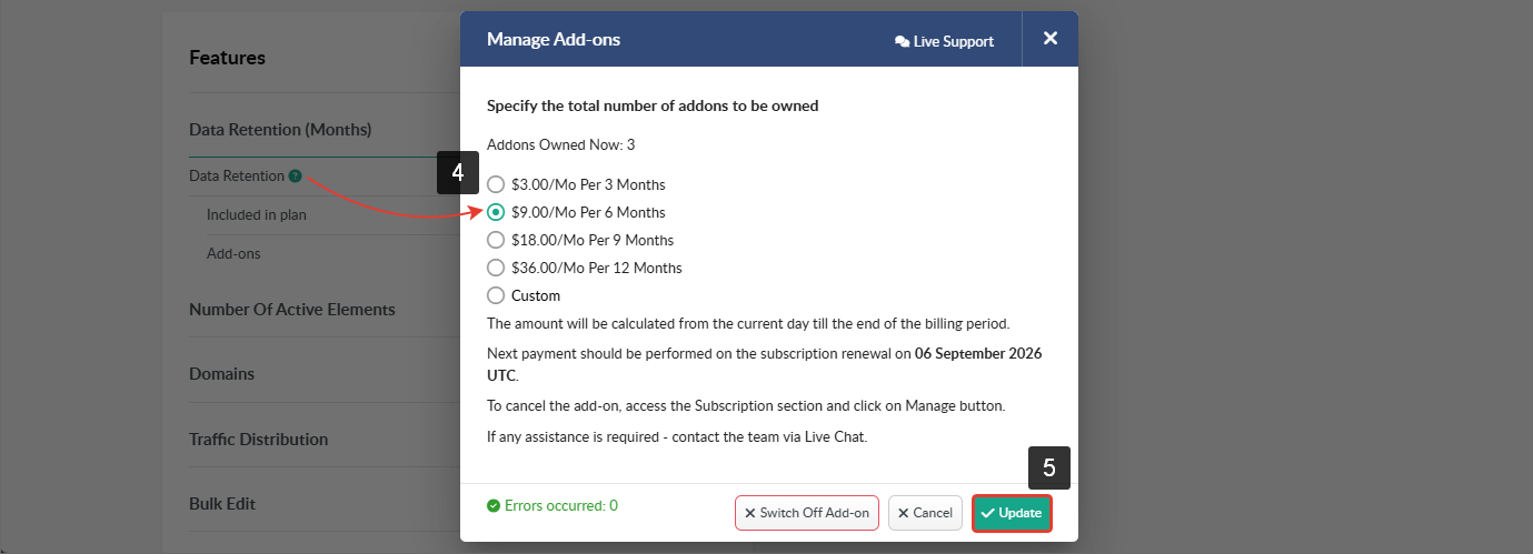 The Manage Add-ons window shows a new amount of an add-on can be selected or entered, and the Update button is highlighted.