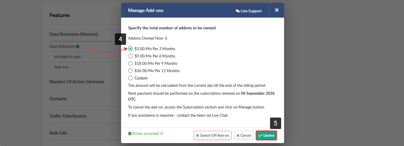 The Manage Add-ons window shows an add-on amount that can be reduced, and the Update button is highlighted.