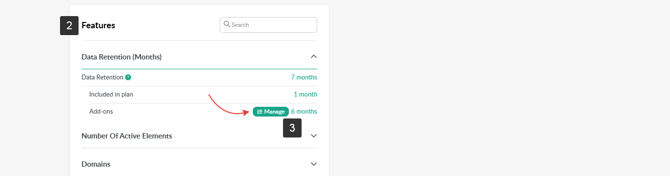 The Subscription page shows the Features section where amount-based add-ons can be managed.
