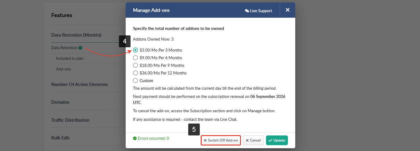 The Manage Add-ons window shows an add-on amount that can be removed, and the Switch Off Add-on button is highlighted.
