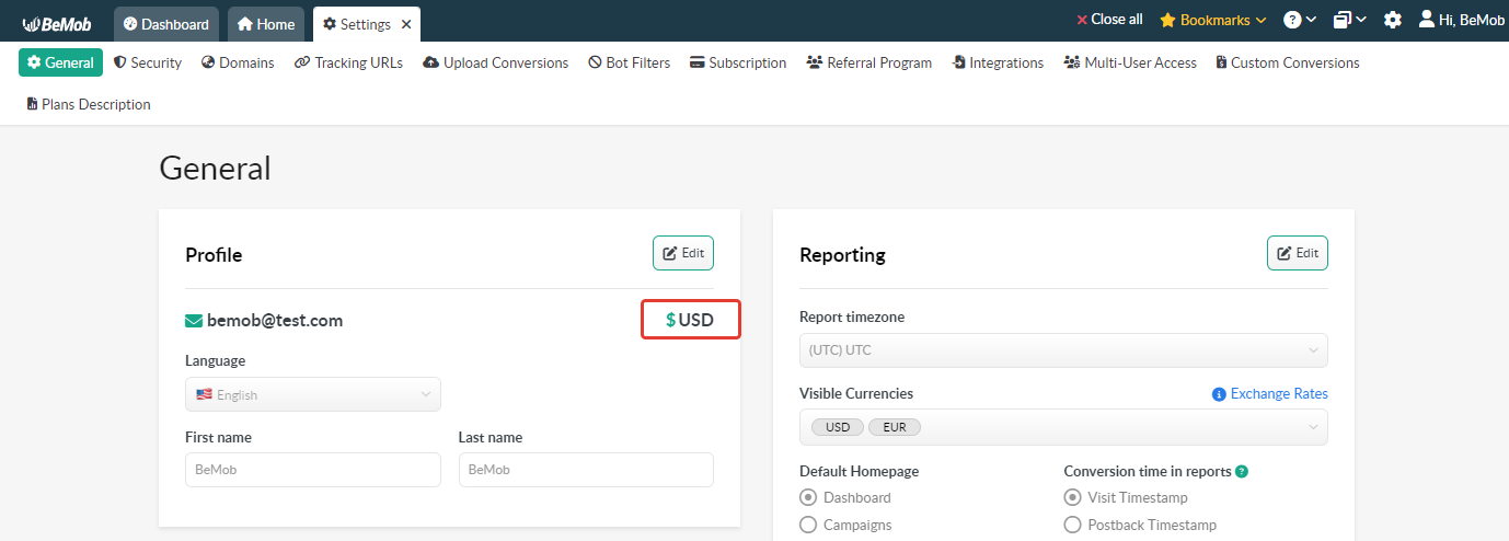 General settings showing the account currency selected during registration.