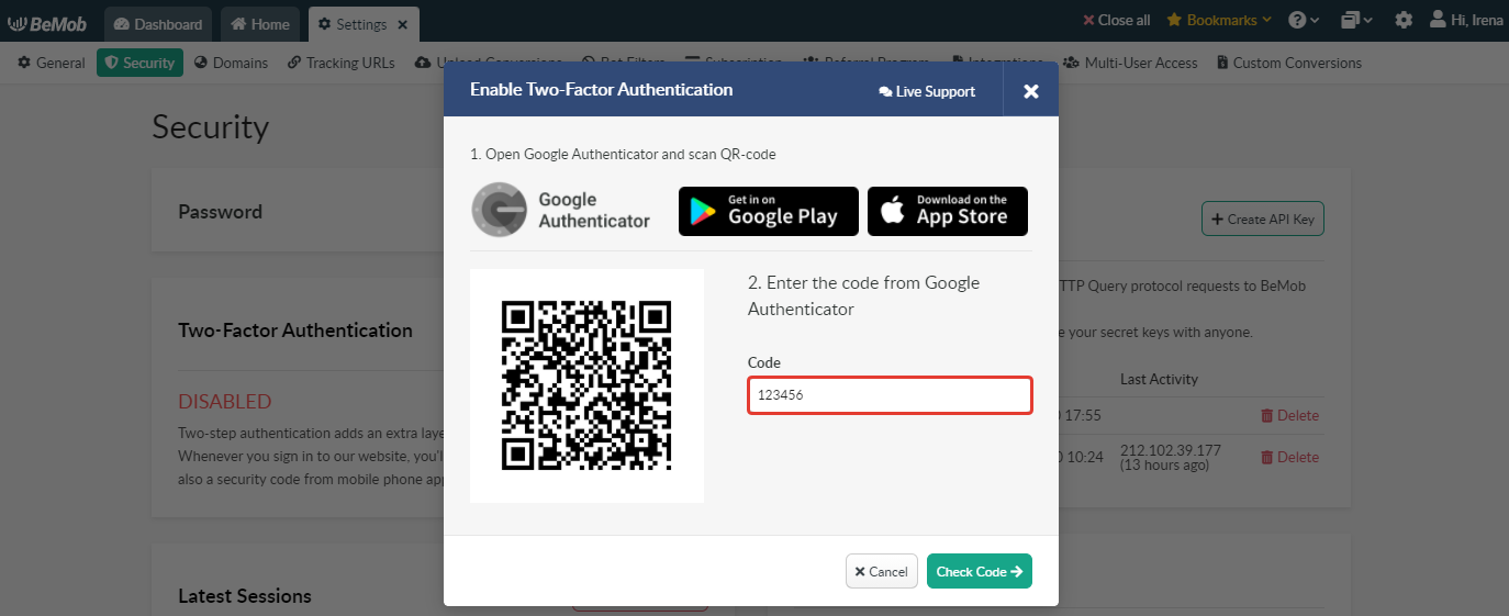 BeMob Enable Two-Factor Authentication window showing how to enter the six-digit authentication code and click Check Code.