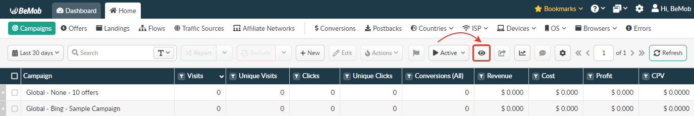 Campaigns section showing the eye icon for opening column settings.
