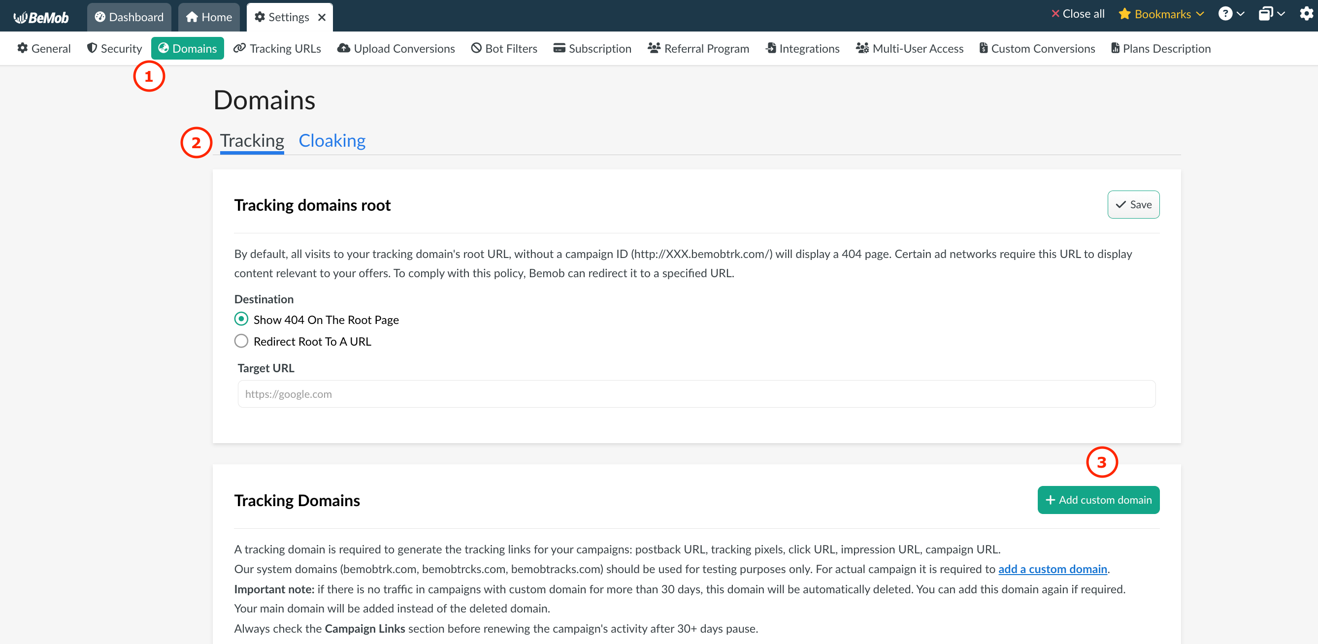 Domains section showing how to start adding a custom tracking domain by clicking Add custom domain.