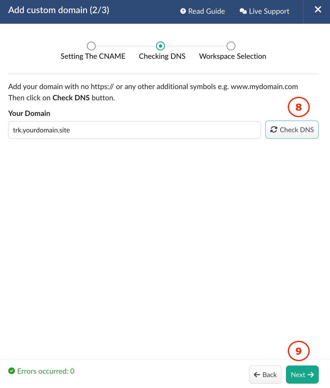 Add custom domain window showing Step 2 of 3 and how to enter the custom domain, click Check DNS, and then click Next.