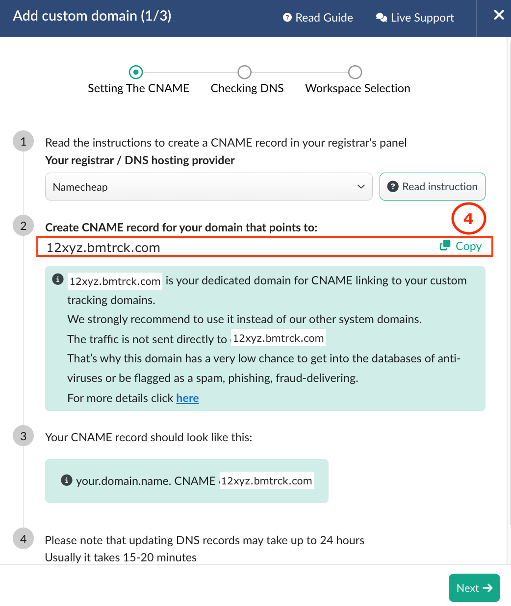 Add custom domain window showing Step 1 of 3 and how to copy the dedicated BeMob domain provided for the CNAME record.