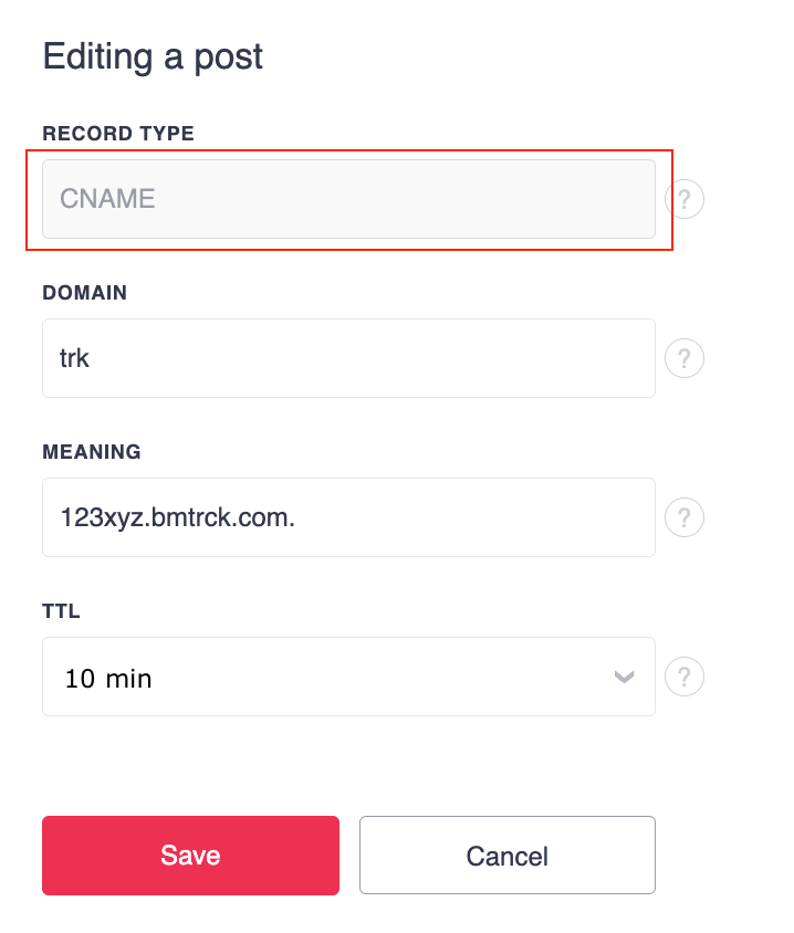 Domain registrar DNS settings showing how to create a CNAME record by selecting CNAME as the record type and entering the hostname, domain, and TTL.
