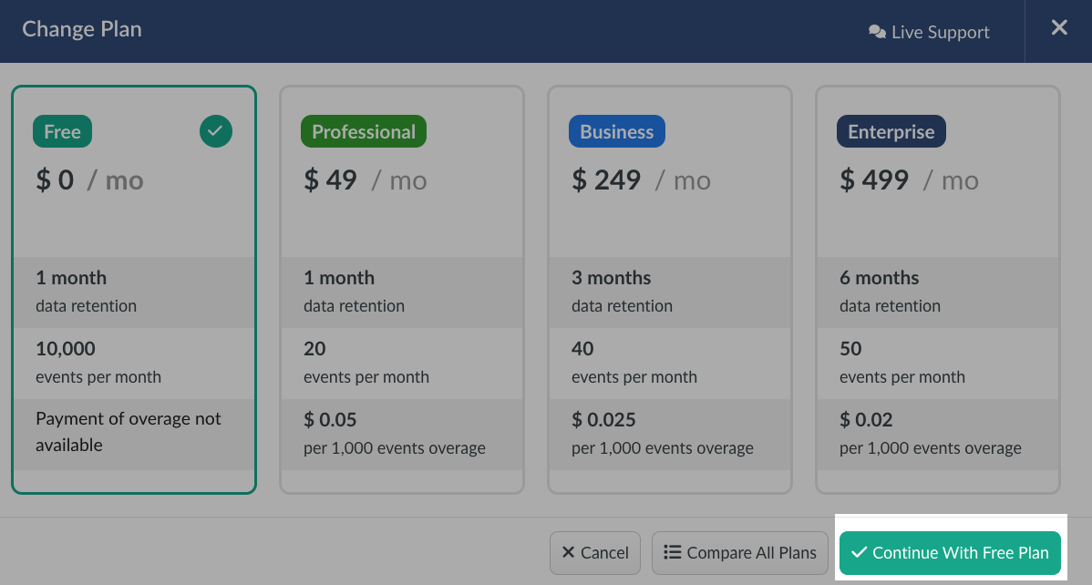 Change Plan window displayed after registration with the Continue With Free Plan button.