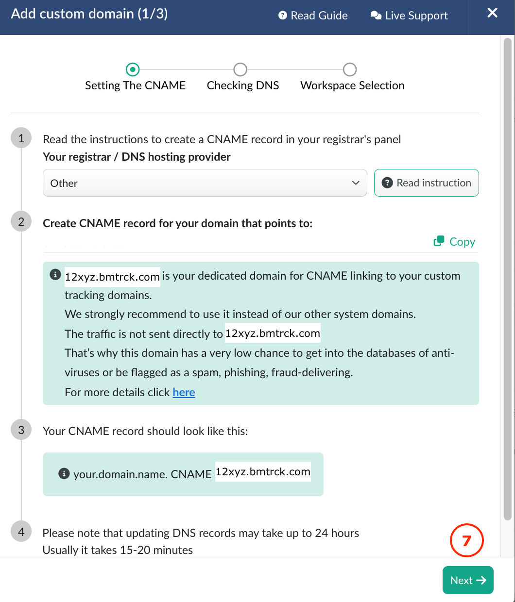 Add custom domain window showing Step 1 of 3 and how to proceed by clicking Next.
