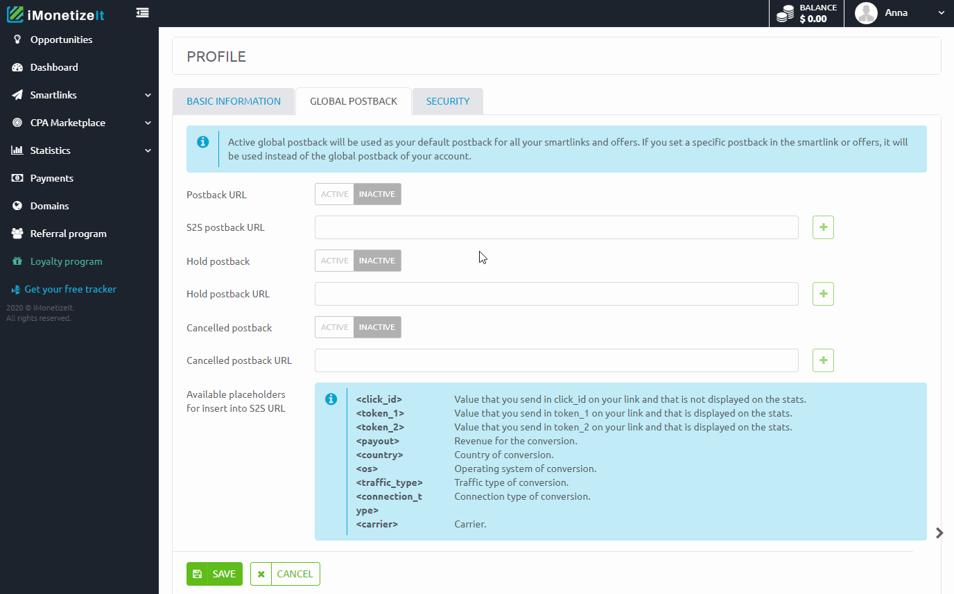 An affiliate network account displaying postback settings.