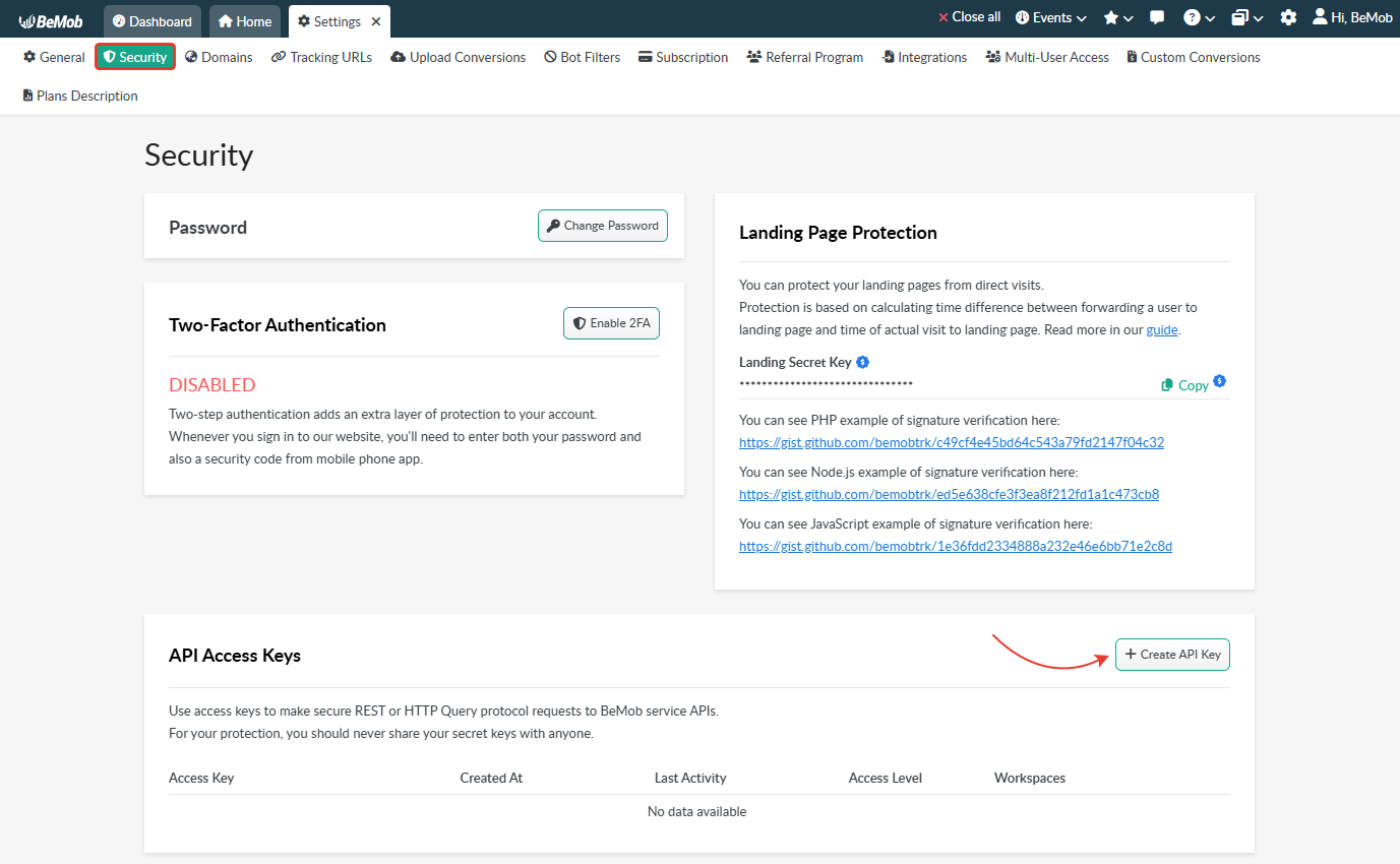 A Security section displaying Create API Key button.