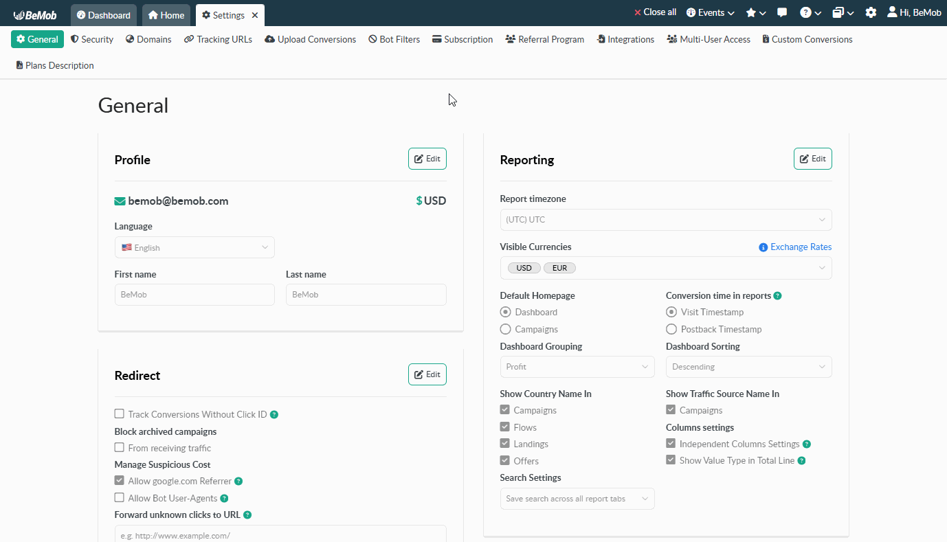 General settings showing how to change the conversion time in reports by clicking Edit, selecting the required timestamp option, and clicking Save.