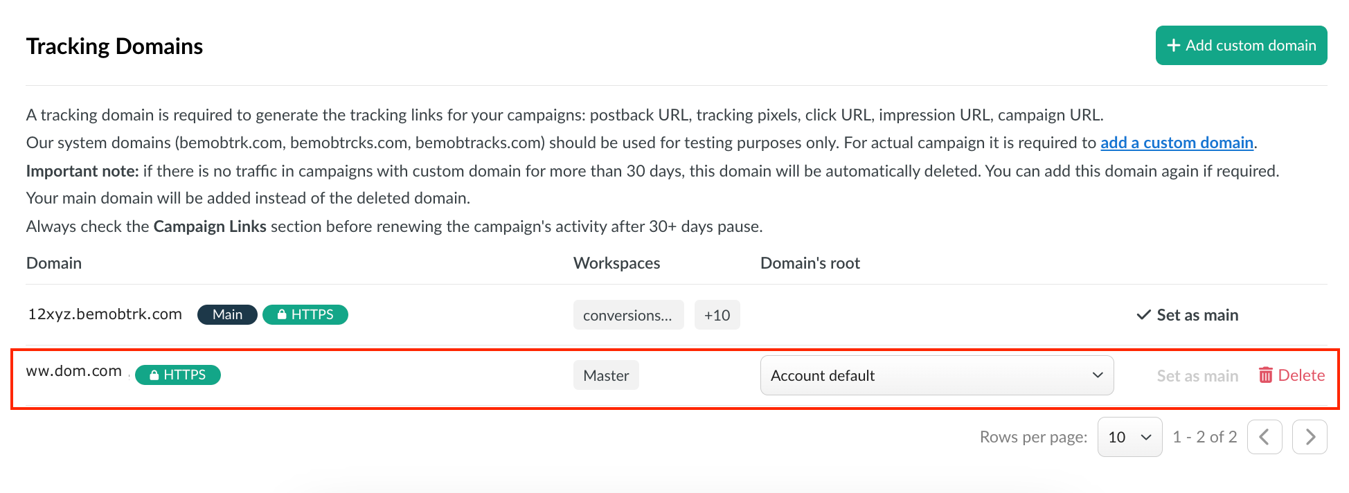 Domains settings section showing the list of configured tracking domains.